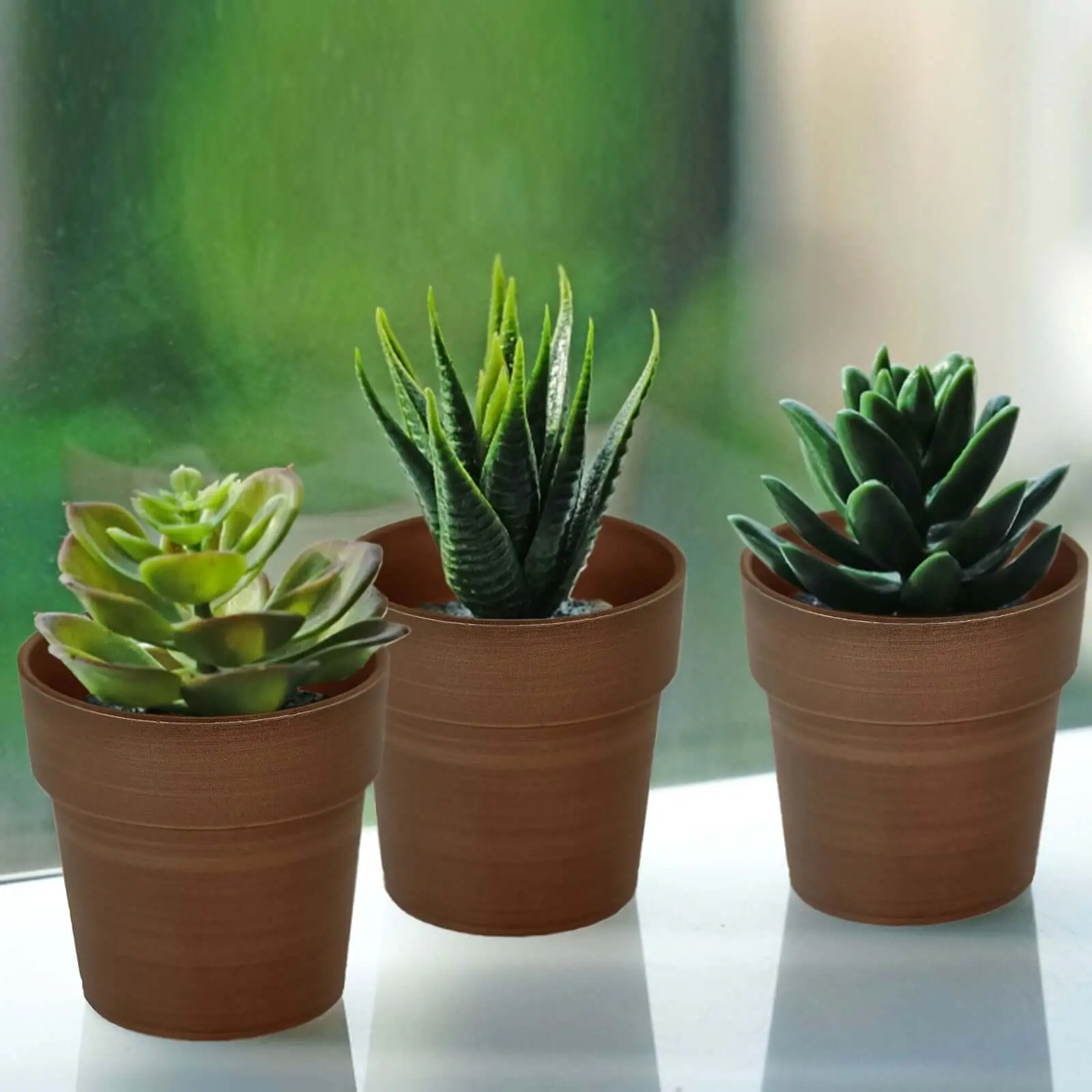 3-Pack 3" Small Rustic Brown Plastic Flower Pots, Indoor Decorative Garden Planters