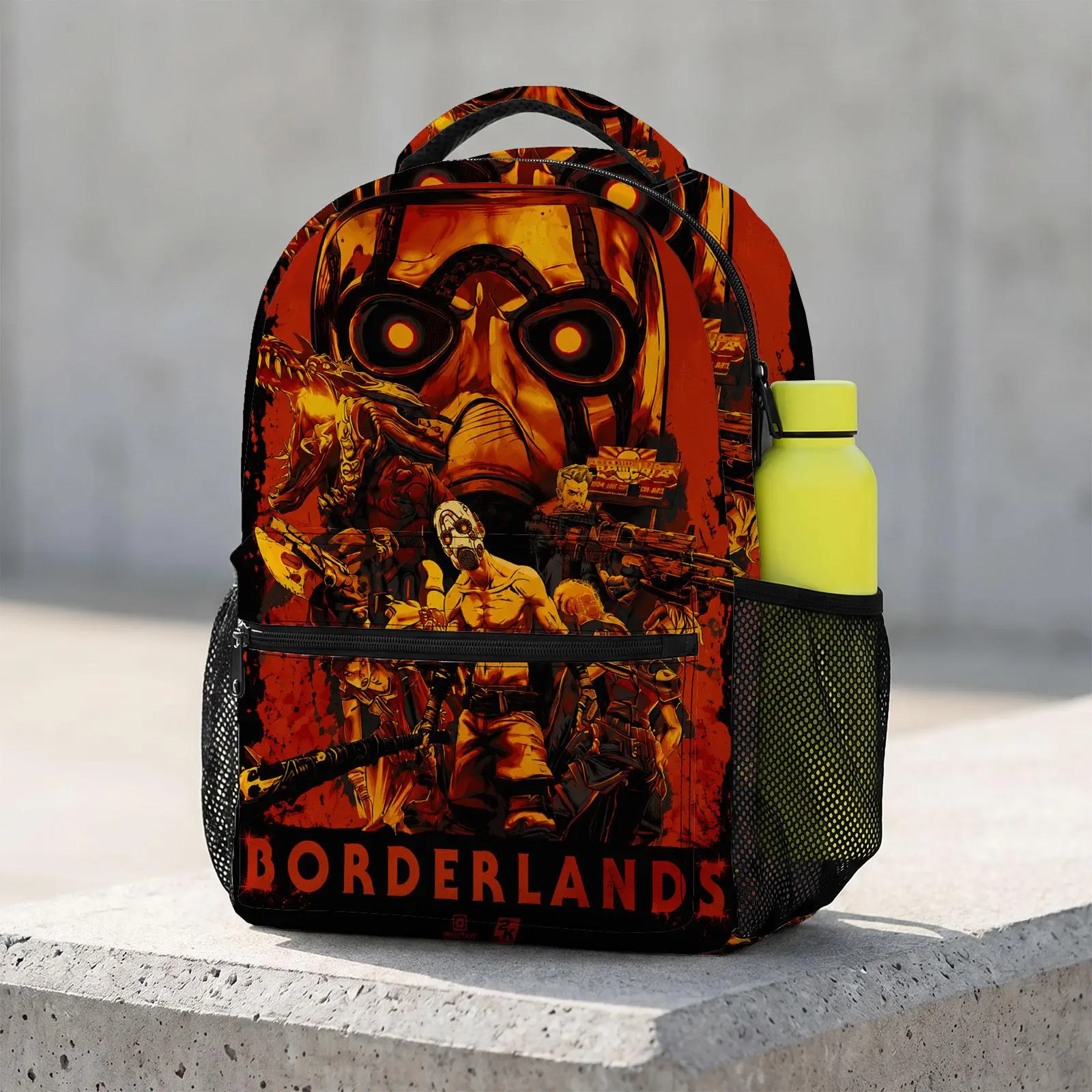 Borderlands Cute Cartoon Backpack 17-Inch | Kawaii Print School Bookbag | Large Travel Daypack with Water Bottle Holder for Teens Kids