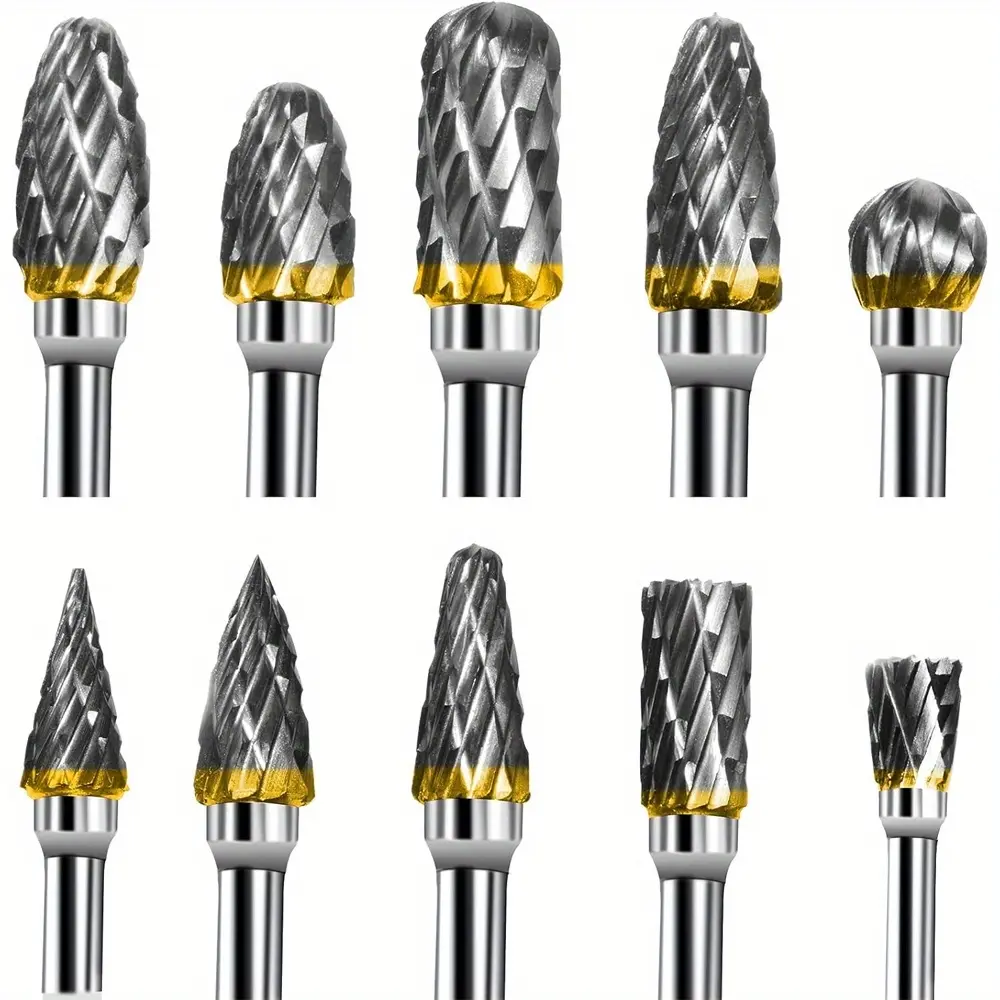 10Pcs Tungsten Carbide Burr Set with 1/8" Shank, Compatible with Dremel Rotary Tool & Die Grinder, Double Cut HRC70 Hardness Accessories for Wood/Metal Work, Engraving, Long Service Life Home Improvement Tools