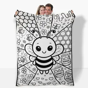 Color-Fillable Flannel Throw Blanket, Bee Pattern Creative Art Project - Markers Not Included, Parent-Child Craft, Interactive & Collaborative, All Season, Decorative Giftable Blanket Gifts for Adults and Children