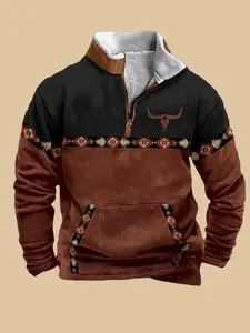 Western Fleece Jackets Men Aztec Fleece Fuzzy Pullover Winter Half Zip Stand Collar Vintage Western Sweater Pockets