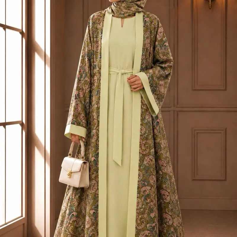 Women's 4-Piece Floral Print Elegant Abaya Set - Modest Muslim Outfits, Soft Breathable Fabric, Adjustable Belt, Muslim Fashion, Islamic Clothing, Perfect for Casual Wear & Special Occasions