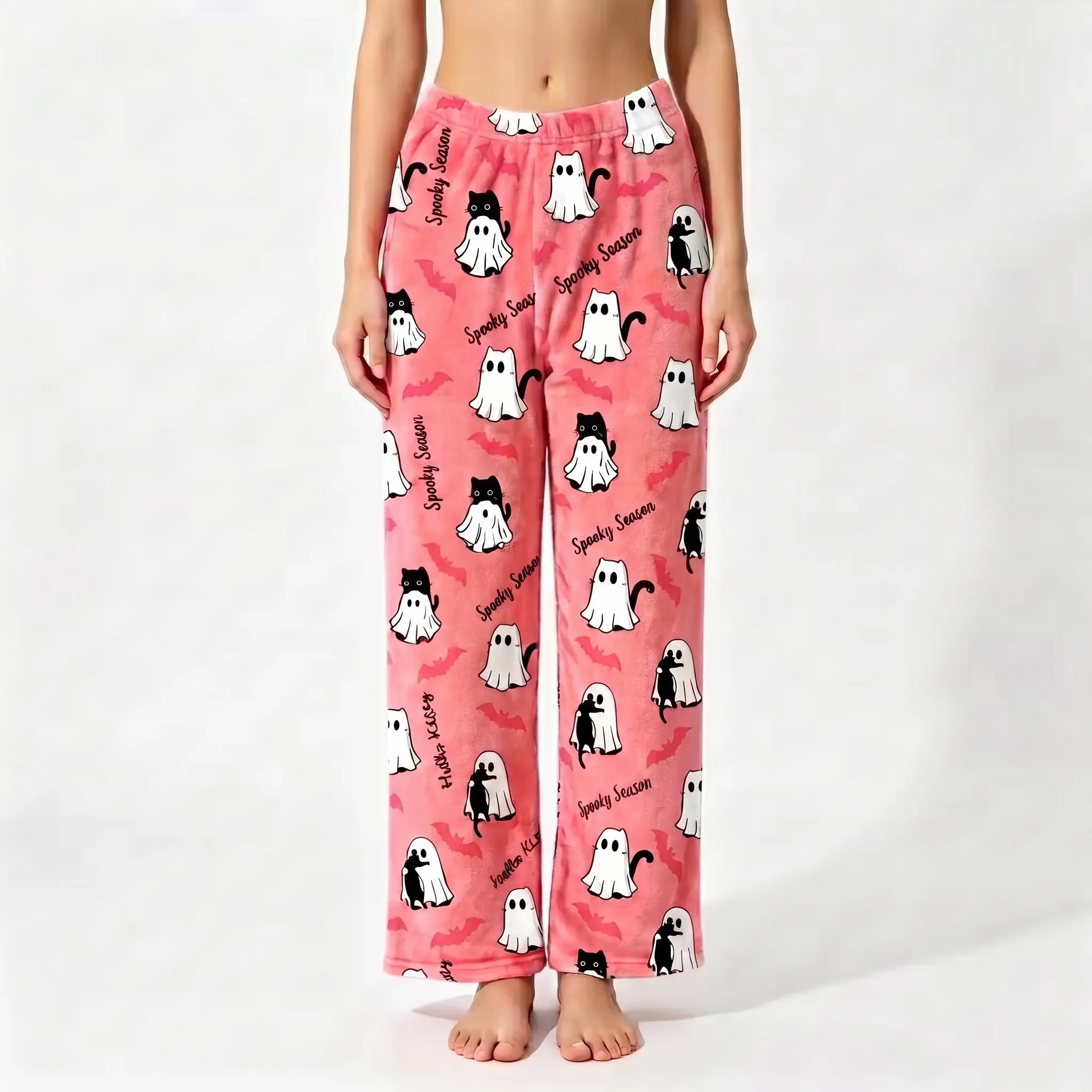 Women's Spooky Halloween-Themed Salmon Red Full-Length Sleep Pants, Ghost Print & Cat Pattern Comfortable Womenswear Loungewear Bottoms, Loose Fit Pants