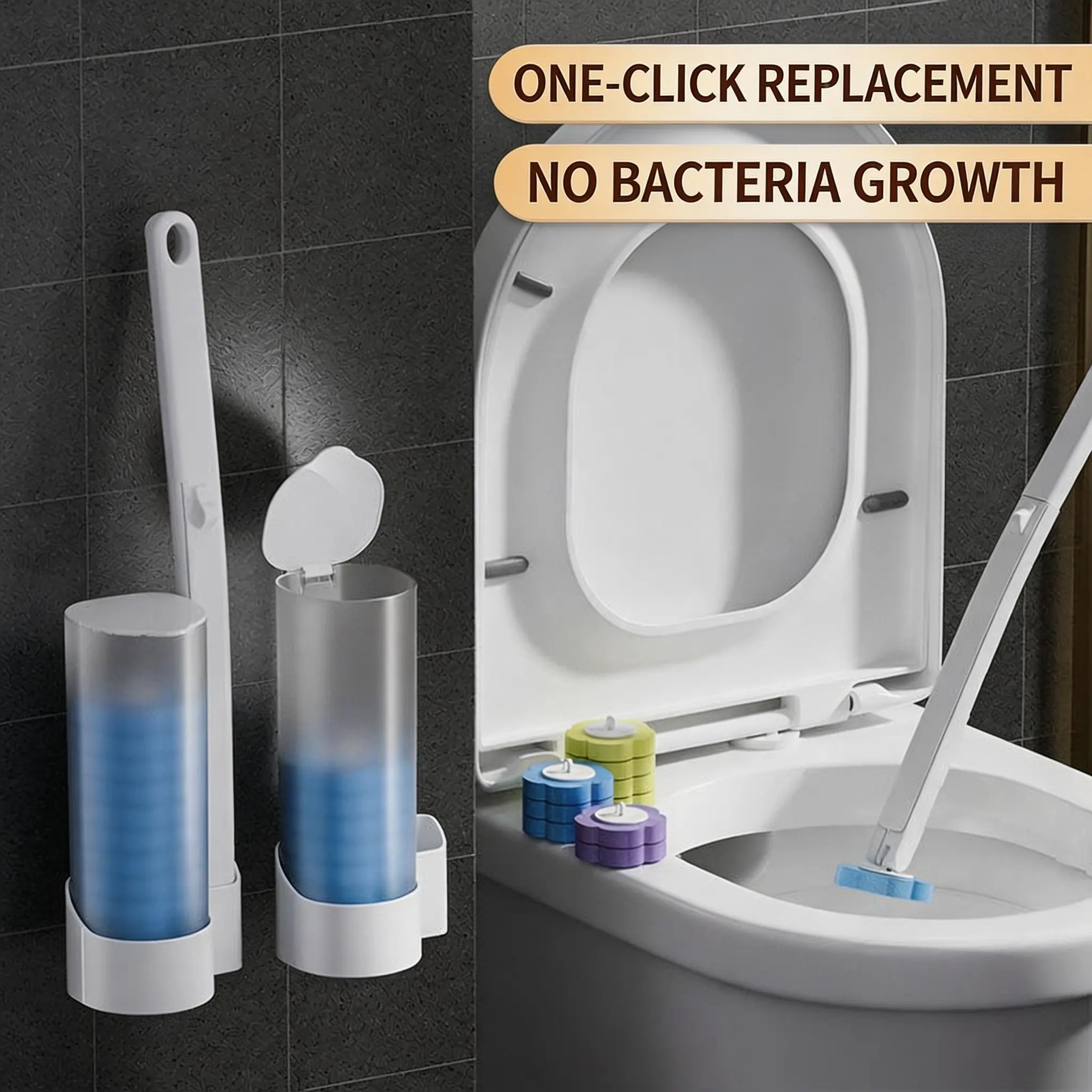 Disposable Toilet Cleaning System Bundle - Household Durable Supplies, Wall-Mounted Brush, Holder, 24 Pre-Loaded Foam Powerful Solution Refills for Bathroom Deep Care