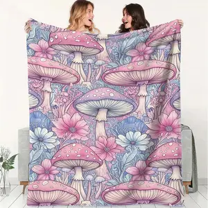 Watercolor-Style Dreamy Mushroom and Floral Printed Flannel Throw Blanket, Forest Fairytale Theme. Made of Soft Flannel Material, Suitable for Home Decoration, Camping, and Travel. Vibrant Decorative Blanket with Lively and Enjoyable Design
