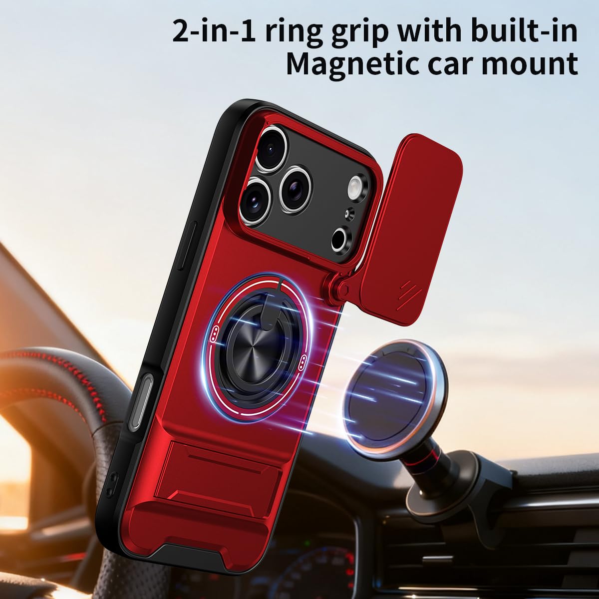 Slide Lens Protection 360° Rotate Magnetic Ring Kickstand   Shockproof Heavy Duty Protective Cover Ultra Thin Compact Design for iphone 17 pro case Pro Max/16 pro max cases/15/14/13/12/11 Series & Samsung mobile phone series with Protector