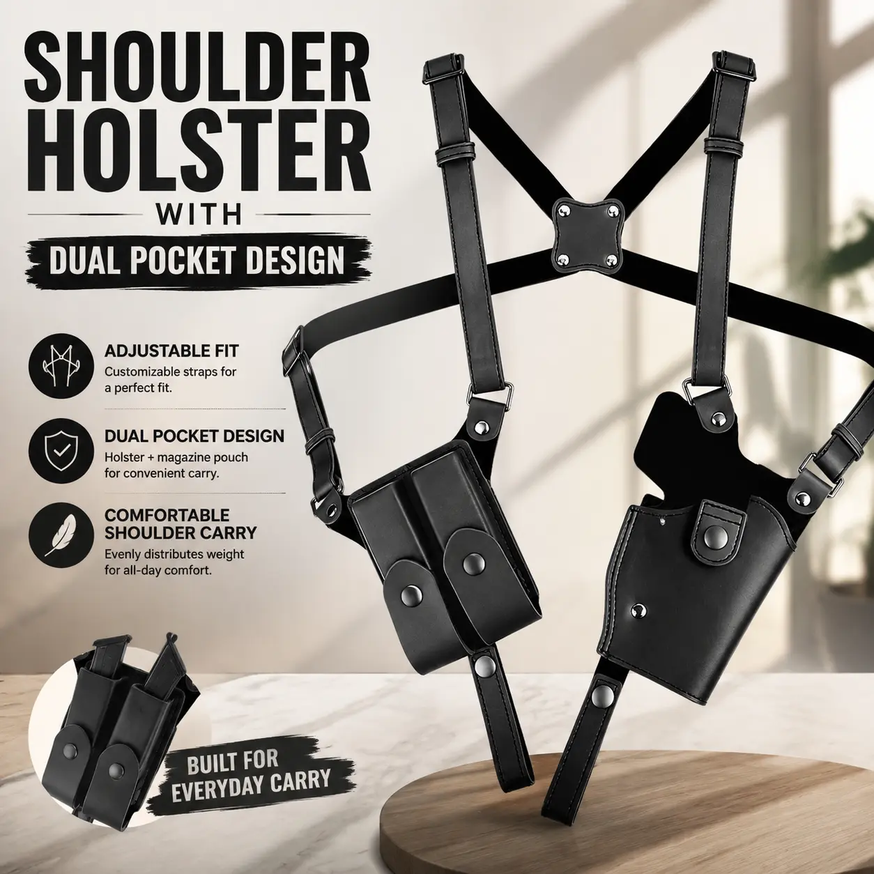 EIGIIS Shoulder Holster With Dual Pocket Design, Adjustable Leather Shoulder Carry Holster With Comfortable Straps, Universal Fit Handgun Holster With Secure Snap Buttons, Lightweight Concealed Carry Style Holster For Everyday Use And Outdoor Activities