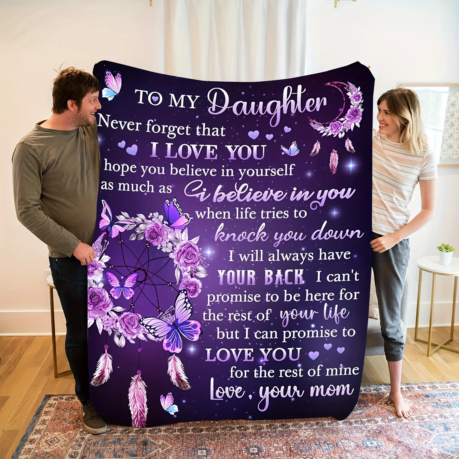 Purple Dreamcatcher Butterfly Flannel Blanket - Premium Fleece Throw, Lightweight Warm, Heartwarming Blanket Gift for Daughter, Home Decor Tapestry with Encouraging Loving Words, Lightweight Warm Blanket