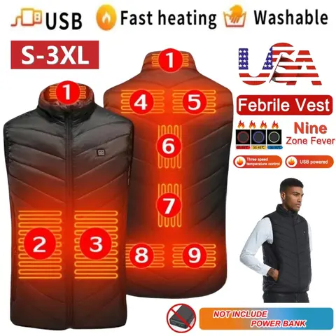Men's Basic Washable Polyester Blend Sleeveless Round Neck Heated Waistcoat - 9-Zone USB-Powered, Fast & Intelligent Heating, Cold Wash, Do Not Wring, Foldable, Adult Men Targeted, Power Bank Not Included