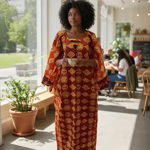 Vibrant Long Sleeve Orange and White Maxi 100% Cotton for Women Boubou or Kaftan Cultural Staple Contemporary Fashion Summer Casual Womenswear Dress