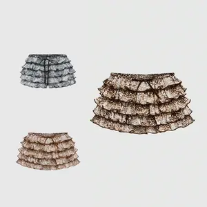 Y2K Style Fawn Print Low Waist Ruffled Mesh Layered Shorts For Women