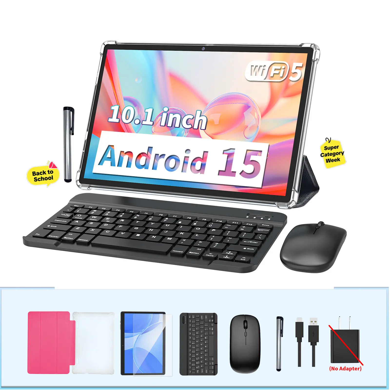 【TikTokShopBackToSchool】PYNAREL 10.1 Inch Android 15 Touch Tablet, Back to School Wireless Bundle with Keyboard, Mouse, Case, Stylus, Dual Camera (Summerwins) tiktokshopbacktoschool, Android Tablets, Screen