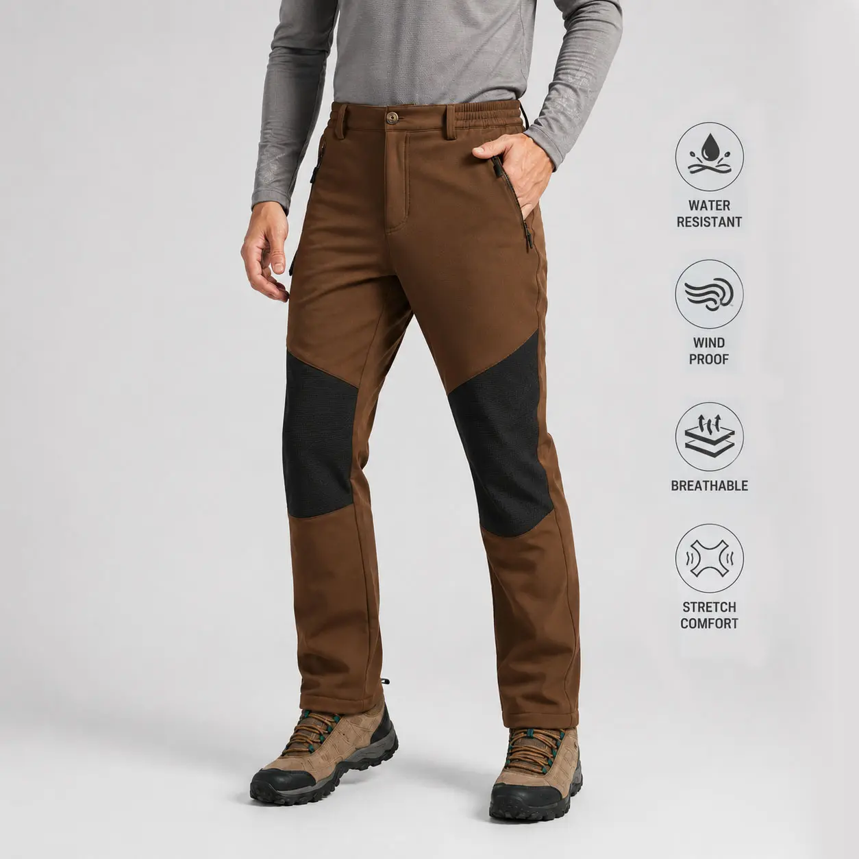 Men’s Winter Hiking Pants, Waterproof Windproof Fleece Lined Softshell Outdoor Pants with Reinforced Knees & Zipper Pockets for Hiking, Camping & Work