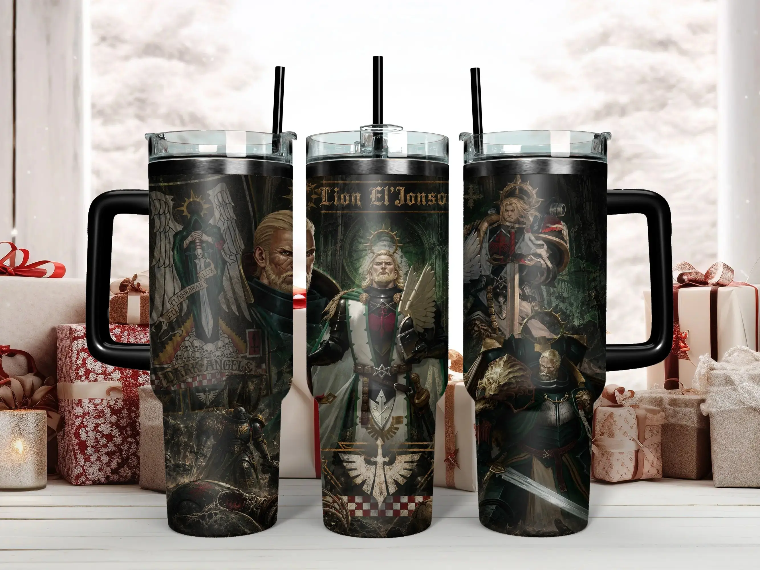 Warhammer 40K Lion El'Jonson Primarch of the Dark Angels 40oz Insulated Stainless Steel Tumbler - Epic Space Marine Gothic Art Travel Mug with Handle & Straw - Perfect Grimdark Gift for Tabletop Gamers