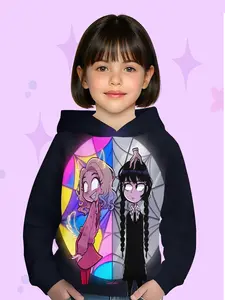 Wednesday Colorblock Twin Girls Hoodie, Girl's Sweet Cool Contrast Windbreaker, Long Sleeve Fitted Casual Sweatshirt