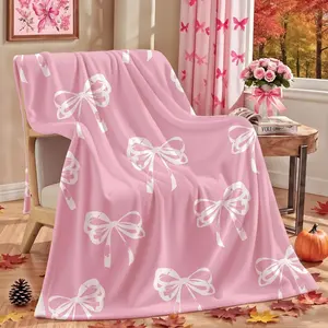 Blanket with Bows Pink Bow Throw Blanket, Coquette Girly Gifts for Kids Women Teens, Soft Flannel Cute Pink Bow Blanket Bedding for Preppy Back to School Gift Decor Bedroom Decor