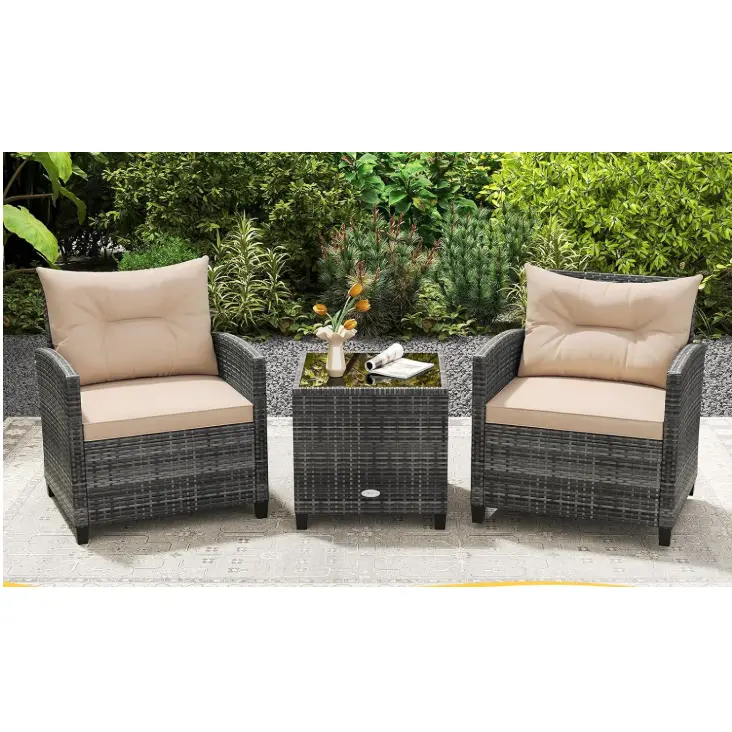 RELAX4LIFE 3-Piece Wicker Patio Furniture Set – Rattan Outdoor Sofa with Tempered Glass Table, Grey