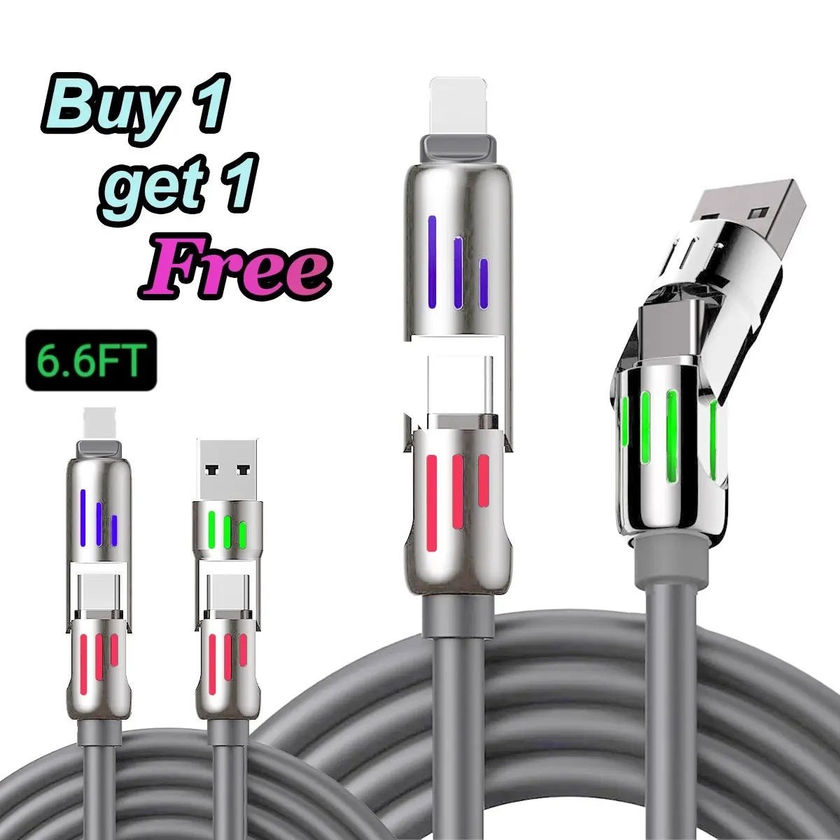 [Summer Sale] 2 Pack Portable 240W 4-in-1 USB C Cable, Multi Charger Cable with Breathing Light, PD 5A Fast Charging & Data Sync, Silicone, Compatible with iPhone, Laptop, 5FT