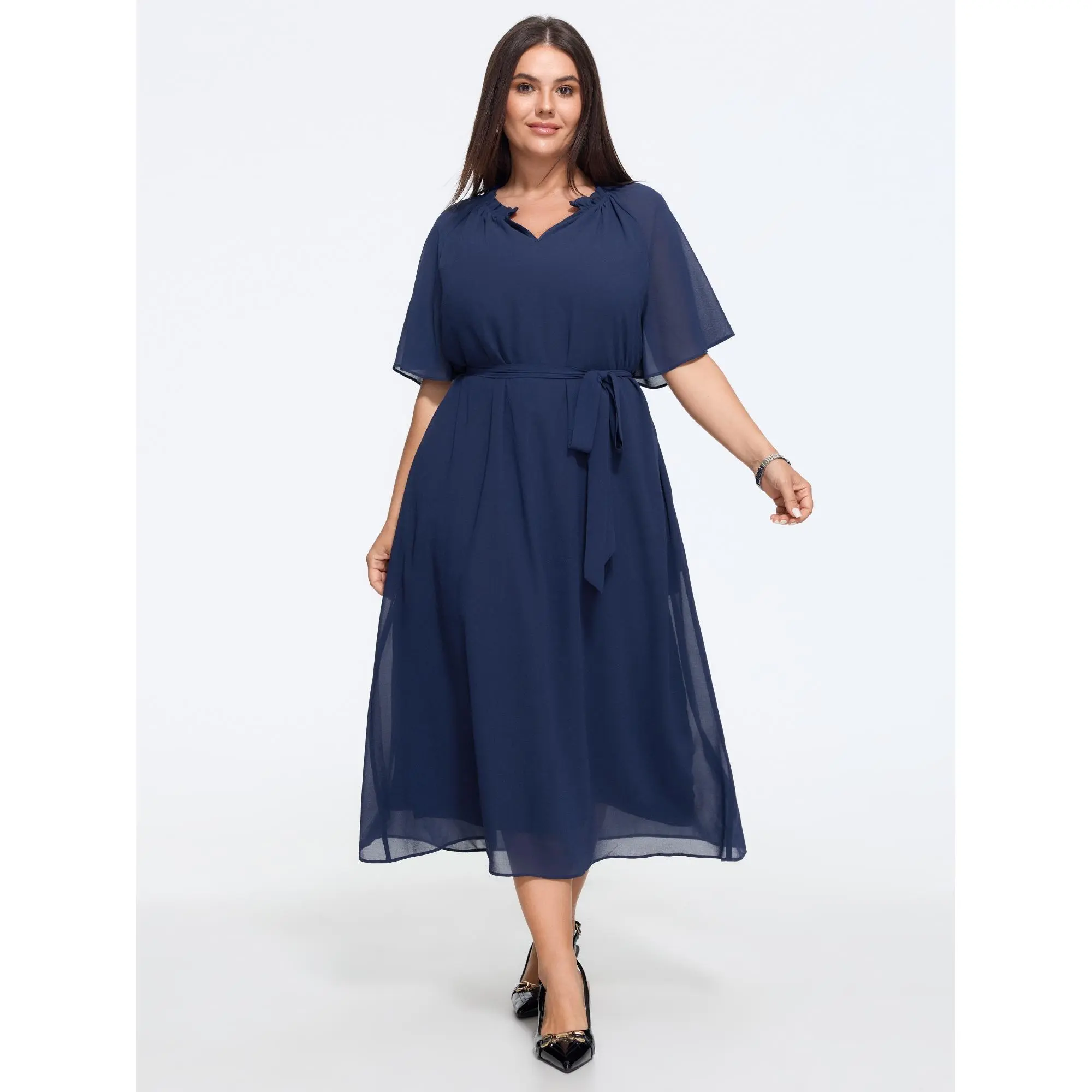 BLOOMCHIC Plus Size Plain Flutter Sleeve Tie Waist Chiffon Midi Dress[M-6X] Back To School,Fall Pick