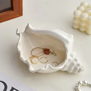 Ceramic Conch Shell Jewelry Tray - Multi-Purpose Decorative Ring Holder & Key Storage Box, Polished White Organizer for Home Decor, Perfect Holiday Gift