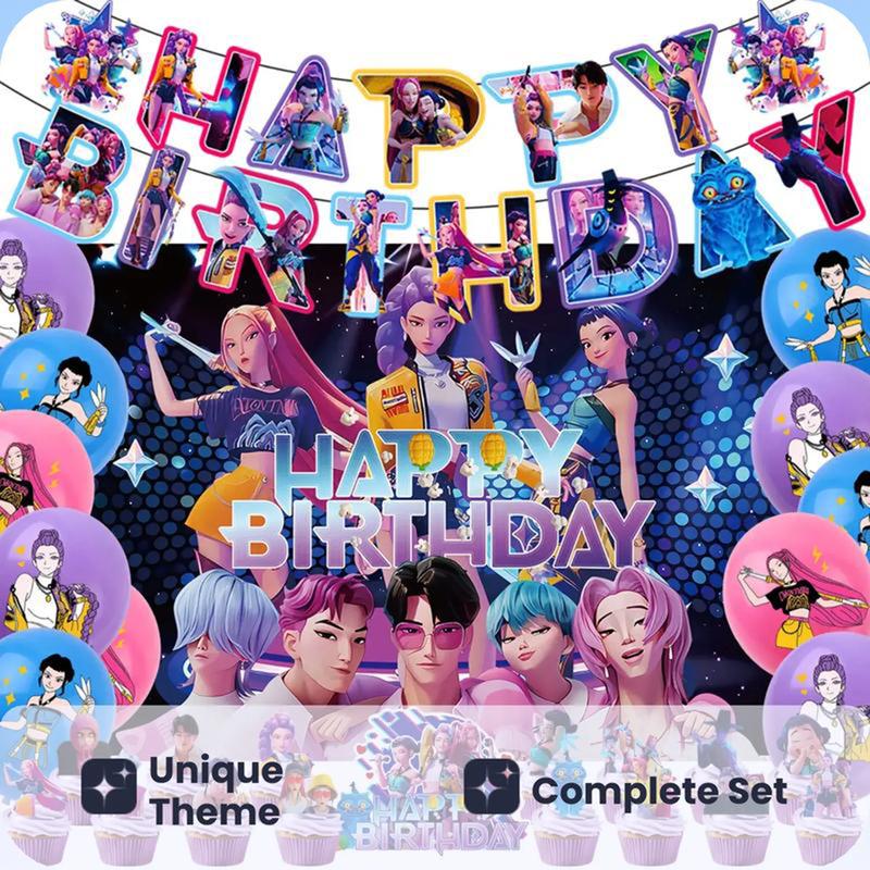 KPop Demon Hunters Birthday Party Decorations Banner Balloon Hanging Set with Cake Toppers for Fans Essential Party Supplies Girls Gifts