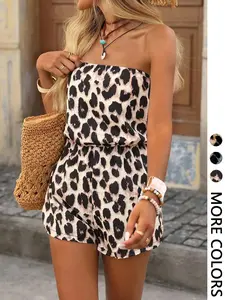 1 Piece Women's Rompers, Spring Summer Leopard Print Strapless Tube Top Short Jumpsuits, Elastic Waist Loose Fit Soft Breathable Flattering Slimming Casual Romper for Women Teen Girls Beach Vacation Daily Outing Party Wear