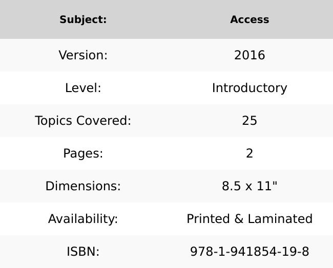 Access 2016 Introductory Quick Reference Guide Access 2016 Introductory Quick Reference Guide