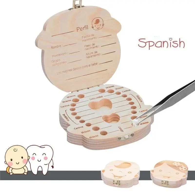 Baby Tooth Box Spanish Wooden Childrens Milk Teeth Storage Box, Boy Girl Infant Keepsake Gift, Baby Tooth Collection Box, Baby Growth