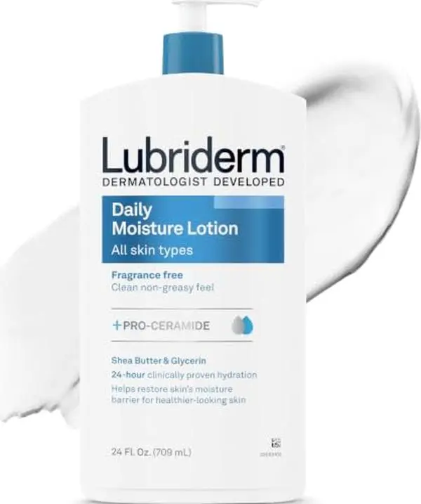 Lubriderm Daily Moisture Body Lotion, Fragrance Free, 24 fl. oz | Hydrating Face, Hand & Body Lotion + Pro-Ceramide for Sensitive Skin, 24-Hour Moisturizer with Shea Butter, Non-Greasy