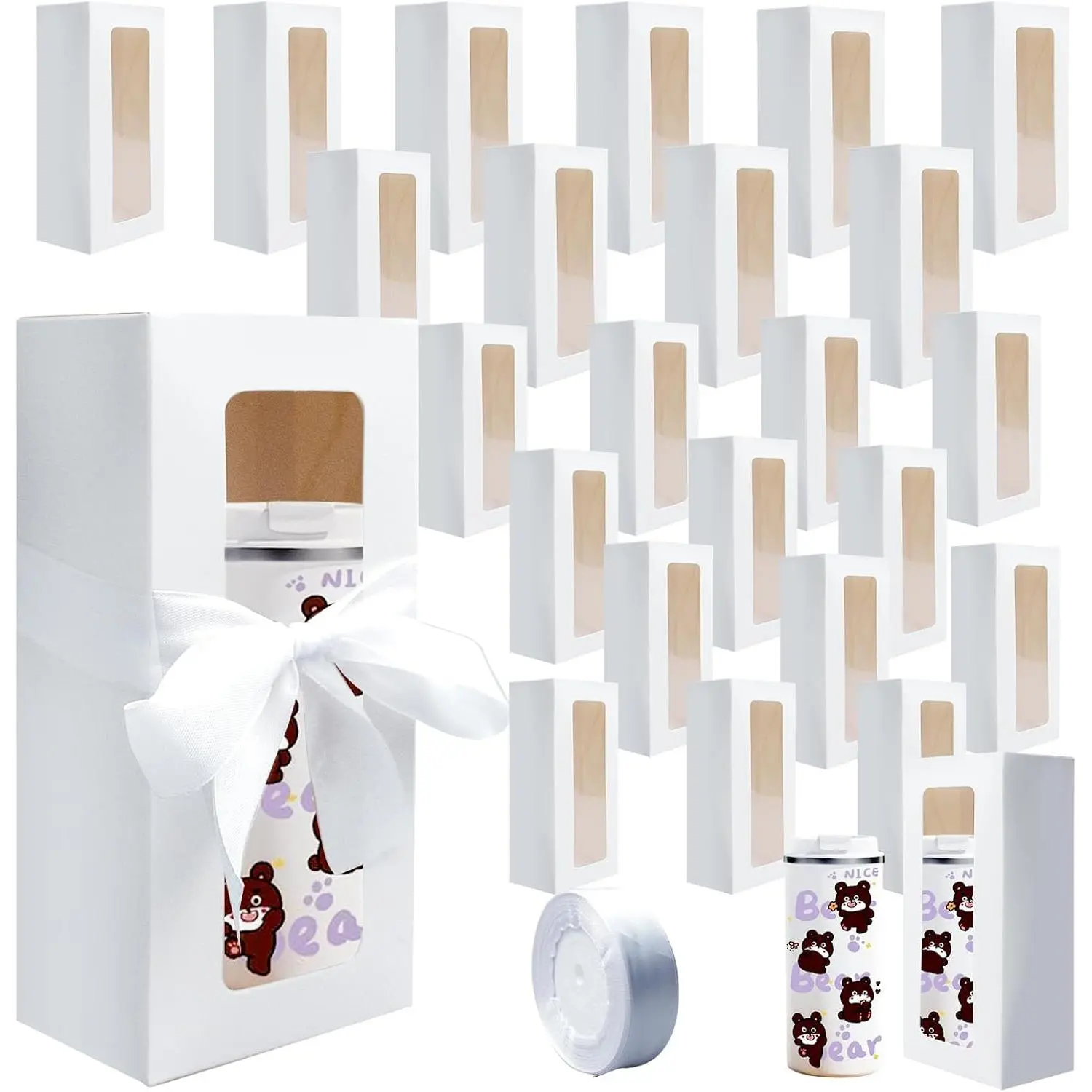 SENONAPO 32 Pcs Gift Boxes with Ribbon 12oz 16oz 20oz for Transparent Gift Box for Sublimation Glass Exhibition Boxes Drinking Glasses Jars Blanks Tumbler Sublimation Tumblers Gift Box (White)