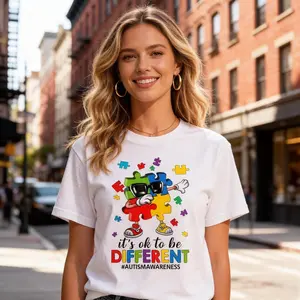 It's Ok To Be Different Autism Dude Tee Puzzle Piece Character April We Wear Blue Neurodiversity Acceptance Cool Kids T-Shirt Unisex Gamma Sneaker Matching Casual Cotton Fitted Short Sleeve Crew Neck Summer