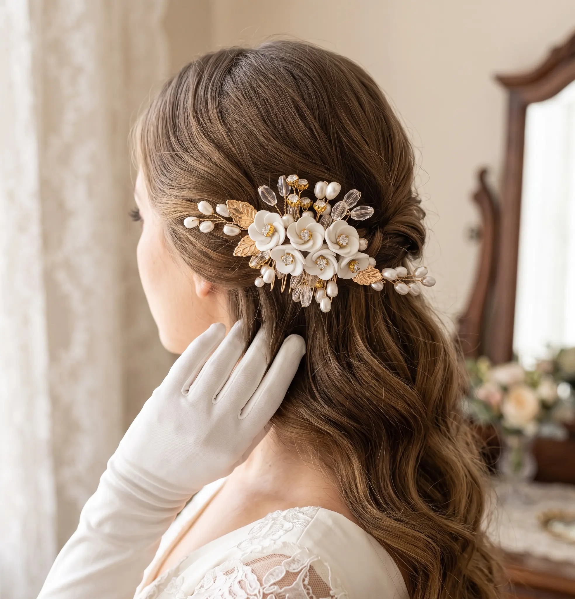 Bridal Floral Hair Comb with Pearls & Crystals – Gold or Silver