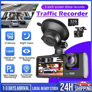1080P Front and Rear Dual Lens HD Dual Recording with High Capacity Memory Card + 32GB High Speed Memory Card,3 Channel Dash Camera IR Night Vision, Loop Recording Car DVR Camera 3 Lens With 5.08 Cm IPS Screen 3 Cameras Car Dashcam
