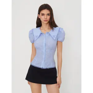 Cider Cotton-blend Peter Pan Collar Gingham Lace Trim Puff Sleeve Blouses