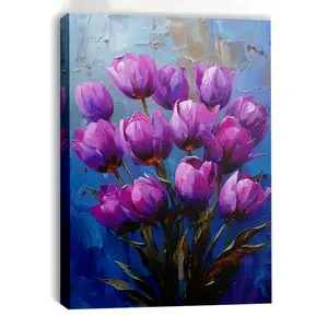 1 Piece Framed Canvas Wall Art - Abstract Purple Tulip Painting with Blue Flower Background, Comes with Hook for Easy Hanging - Modern Home Decoration Suitable for Living Room, Office, Dining Room - Elegant Birthday, Valentine's Day, Housewarming Gift - H