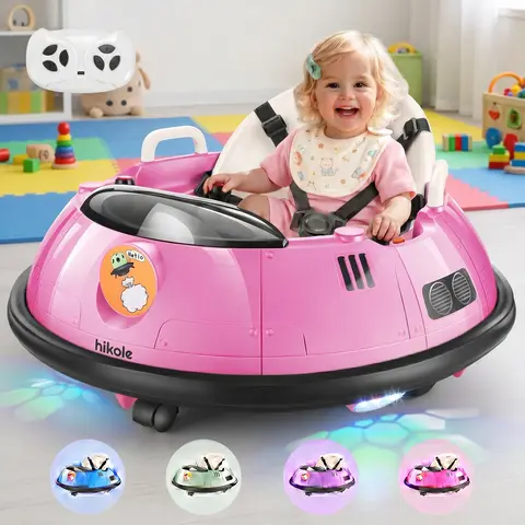 Hikole 12V Battery Powered Remote Control Rotating Ride On Bumper Car for Toddlers (Ages 1+ Yrs) - 360-Degree Spin, Built-In Batteries, 5-Point Adjustable Safety Belt, LED Lights, Anti-Slip Footrest, 44 lbs Capacity Electric Kids Toy Gift