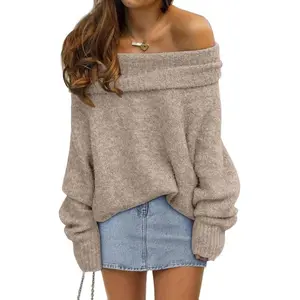 Womens Off the Shoulder Sweater Oversized Batwing Sleeve Loose Pullover Casual Style 80% Cotton 20% Polyester