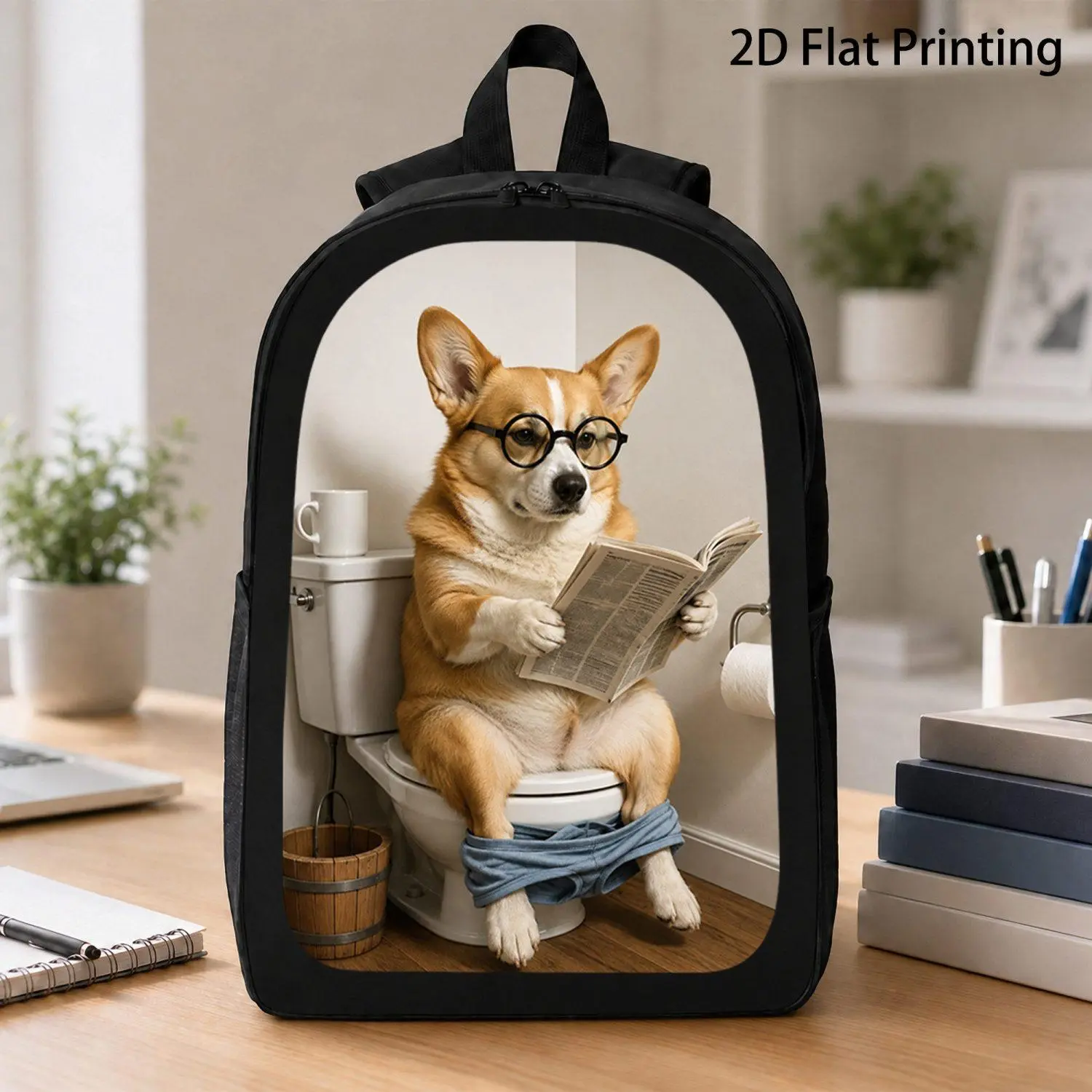 17 Inch Backpack 1pc Adorable Corgi Dog Wear Round Glasses Reading Book On Toilet Humorous Pet Illustration Backpack Large Capacity Bag Suitable For School And Travel