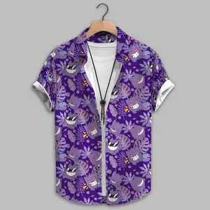 Gengar Inspired Hawaiian Shirt, Ghost Anime Tropical Shirt, Dark Aesthetic Aloha Shirt, Kawaii Cartoon Summer Beach Vacation Outfit