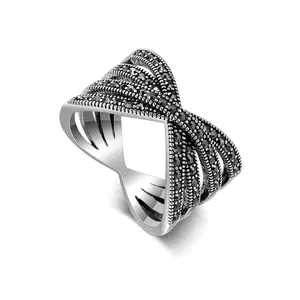S925 Black CZ Bow Knot Ring Beaded Chevron Design Ring, Exquisite Synthtic Obsidian Ring Jewelry for Women, Perfect Gift for Girls Daily Wear and Party, Birthday or Christmas Gift with Box