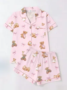 Cute Bear Bowknot Print Pajamas Set, Short Sleeve T-Shirt and Shorts Cardigan Two-Piece, Casual Homewear Loungewear for All Seasons