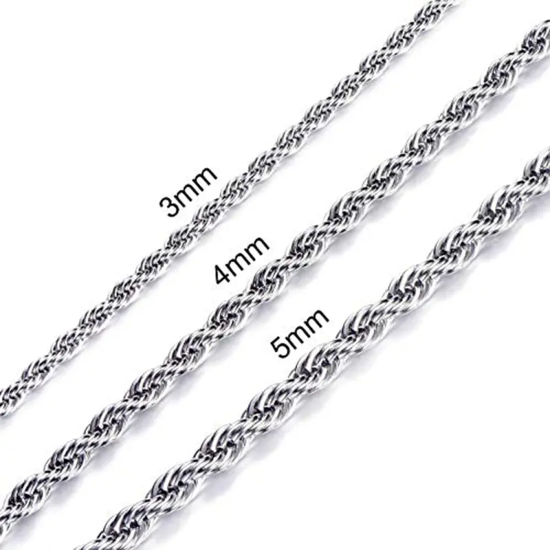 Men's Stainless Steel Necklace, 3-5mm Twisted Rope Necklace, 18-24 Inch Necklace