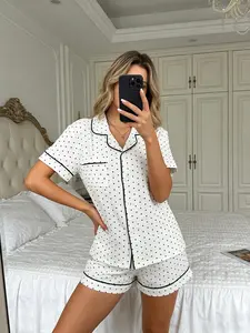 Women's Cute Polka Dot Sleepwear Set, Fitted Two-Piece Pajama Set, Short Sleeve Button-Up Top and Shorts, Comfortable Home Wear