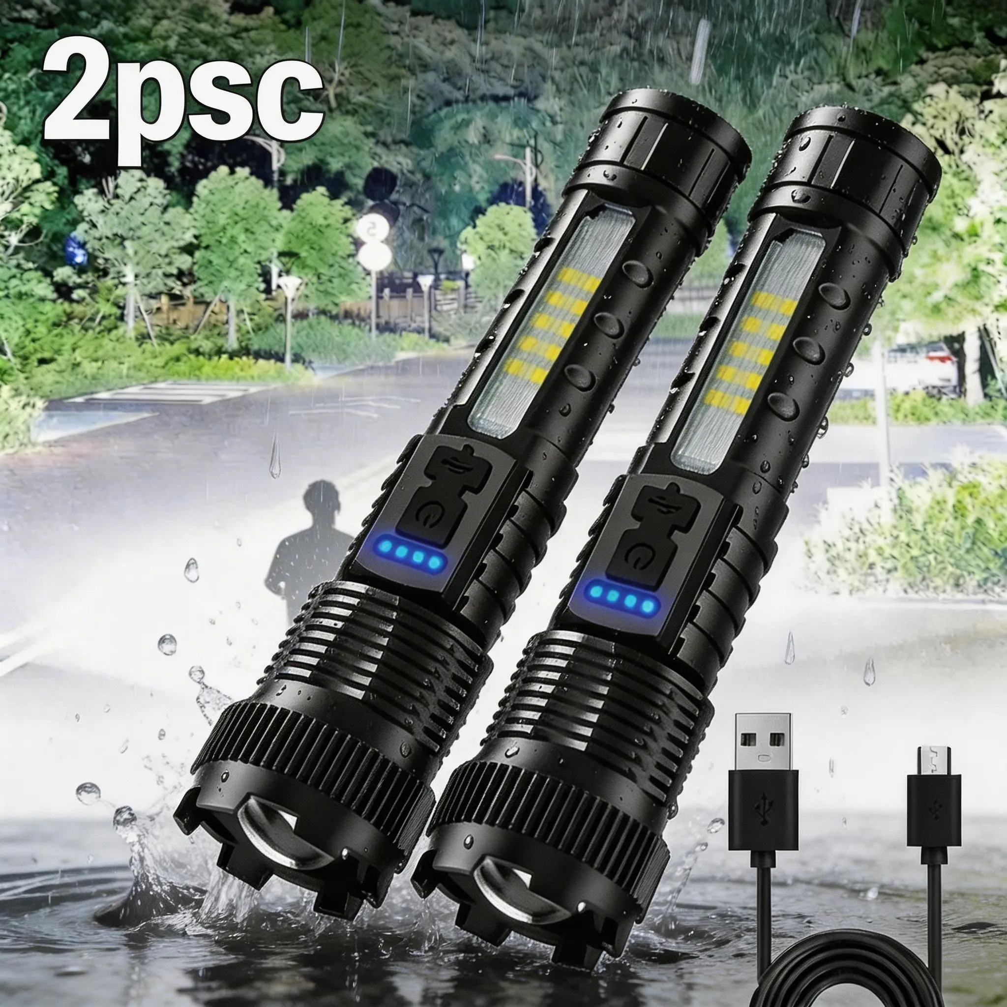 2-Piece Rechargeable Dual LED Flashlight Emergency Light Set, High Lumen Flashlights with Zoom, COB Side Light, 6 Modes, Red & Blue Flashing for Camping, Power Outages