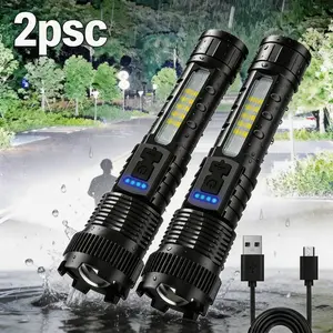 2-piece rechargeable zoom ultra bright flashlight, suitable for emergency power outages, outdoor camping, hurricanes Rechargeable LED battery powered, with 6 lighting modes and COB side lights Strong light, red and blue flashing flashlight