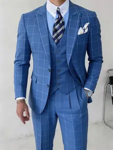 Men's Plaid Tuxedo Long Sleeve Suit - Double Breasted Three-Piece Set with Vest for Business, Casual, and Formal Events | Groom & Party Attire Elegant Menswear