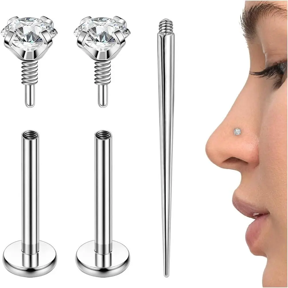 Unisex G23 Titanium Internally Threaded Flat Back Studs Body Piercing Jewelry Set - 2-Piece 16G/18G Hypoallergenic Solid Gem Cubic Zirconia, 6mm/10mm Bar 2mm/3mm Gem Anti-Rust for Tragus, Conch Piercing, Gift for Piercing Lovers, Conch Piercing Jewelry, 1