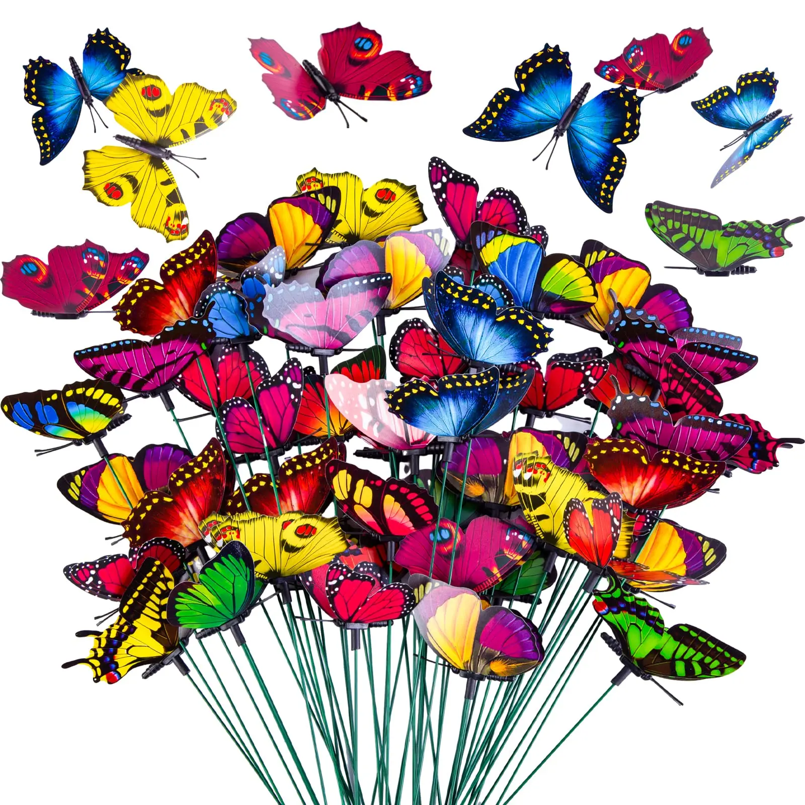 50-Piece Butterfly Garden Stake Set Waterproof PVC Bendable Stakes for Indoor & Outdoor Use Assorted Colors Patterns 3.5" Wide Butterflies for Gardens Party Decor
