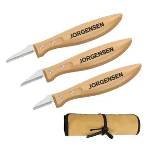 Jorgensen 3-Pack Wood Carving Tools, Stainless Steel Whittling Knife Set with Canvas Pouch, Protective Blade Cover, Ergonomic Curved Handle - Professional Wood Carving Kit for Beginners