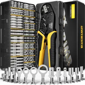 Crimping Tool Kit, 14-Type Open Spade & Quick-Disconnect Connector Set (2.8/3.9/4.8/6.3 mm) Non-Insulated Brass Terminals, 24-14 AWG Ratcheting , for Automotive, Marine, Appliance, DIY
